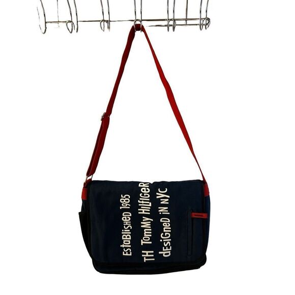 Tommy Hilfiger TH Messenger Shoulder Bag 16x11" Blue Red Spellout - Picture 1 of 10